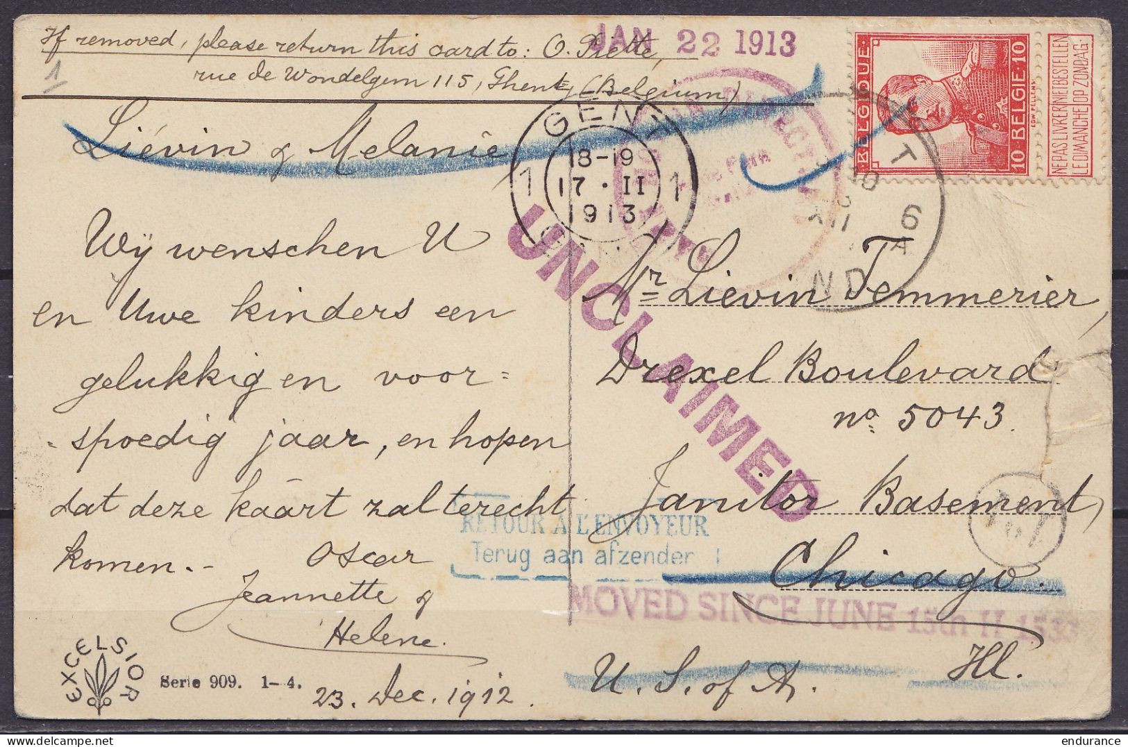 CP Vœux Affr. N°112 Càd GENT /23.XII.1912 Pour CHICAGO USA - [RETOUR A L'ENVOYEUR /…] "UNCLAIMED" - Càd Retour GAND / 17 - 1912 Pellens