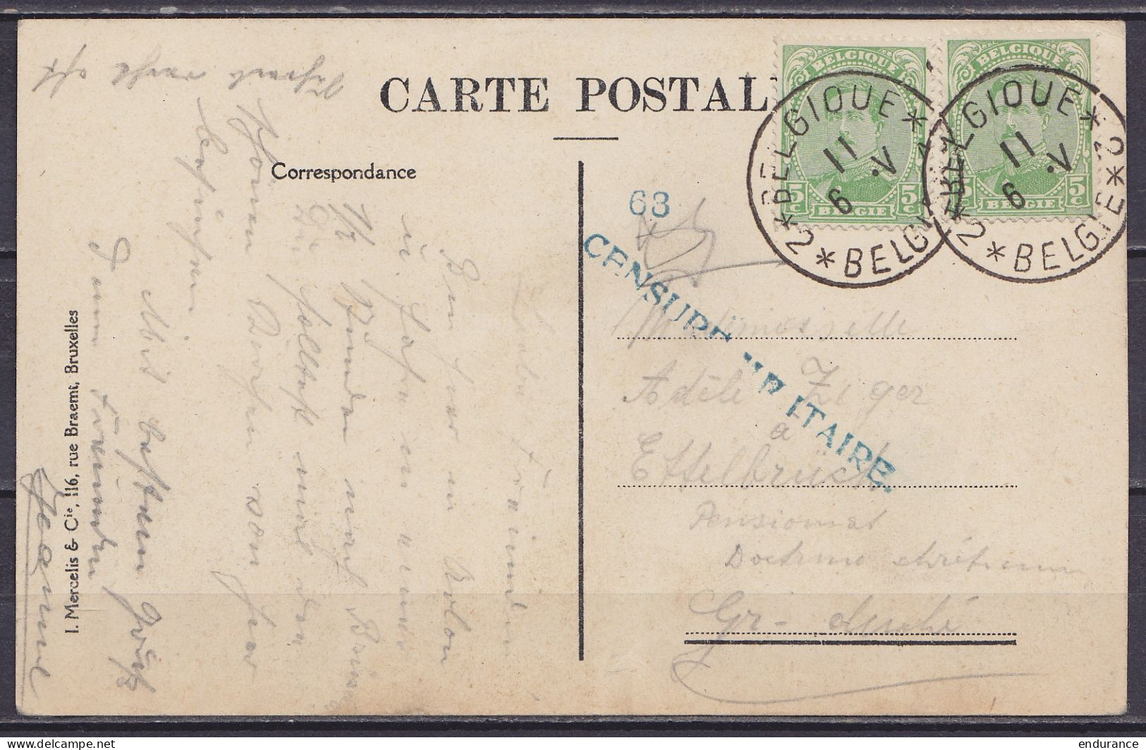 CP Arlon Affr. Paire N°137 Obl. Fortune "*Belgique 2 /6-V/ BELGIE*" Pour ETTELBRUCK - Griffe "CENSURE MILITAIRE" - Noodstempels (1919)