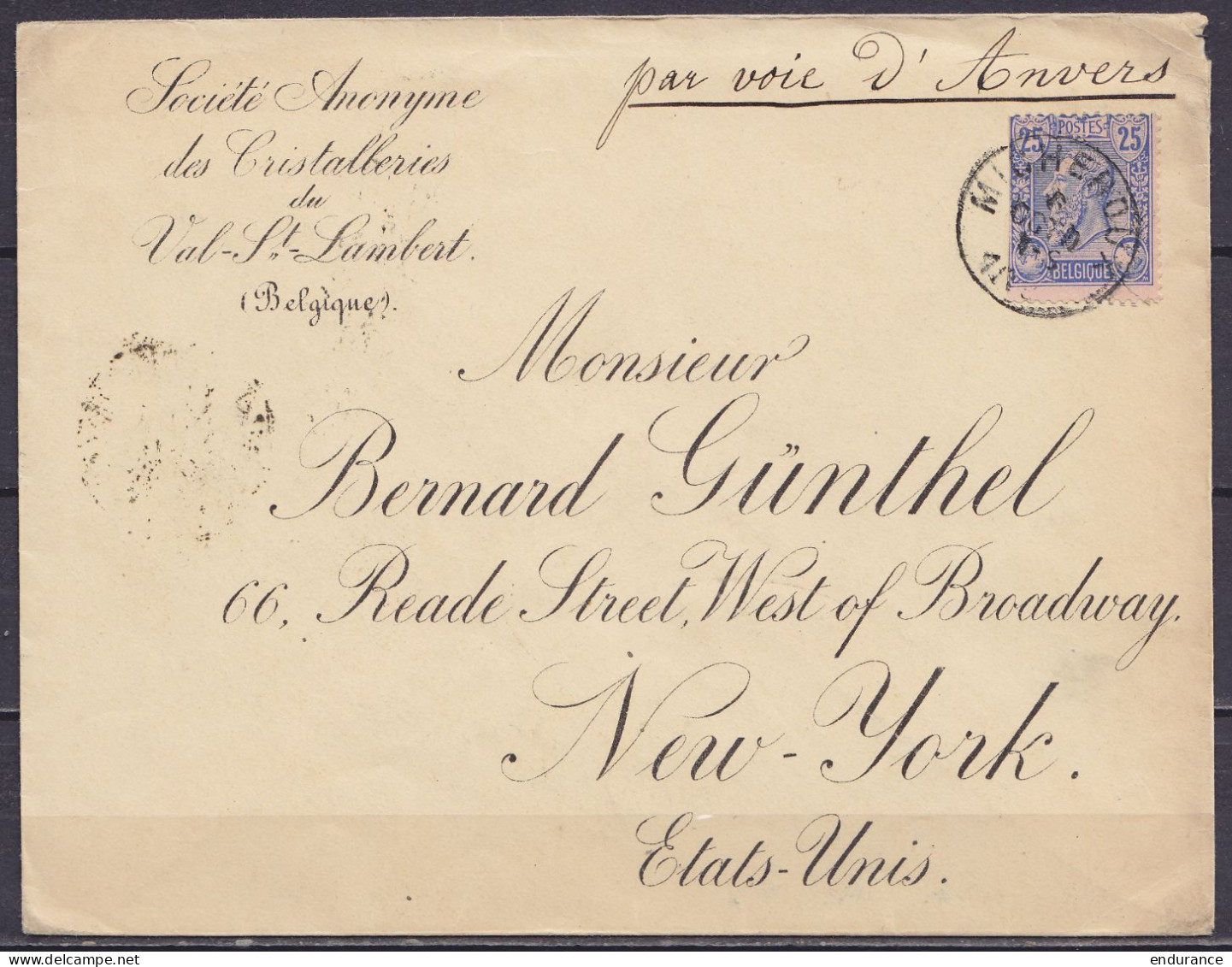 L. "Cristalleries Du Val St-Lambert" Affr. N°48 Càd MICHEROUX /6 OCTO 1893 Pour NEW-YORK "par Voie D'Anvers" (au Dos: Cà - 1884-1891 Leopold II