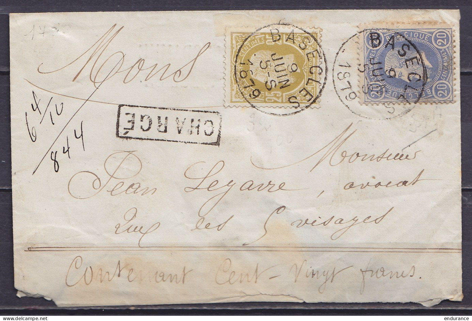 L. Chargée Affr. N°31a+32 Càd BASECLES /9 JUIN 1879 Pour MONS - Griffe [CHARGE] (au Dos: MONS (STATION)) - 1869-1883 Léopold II