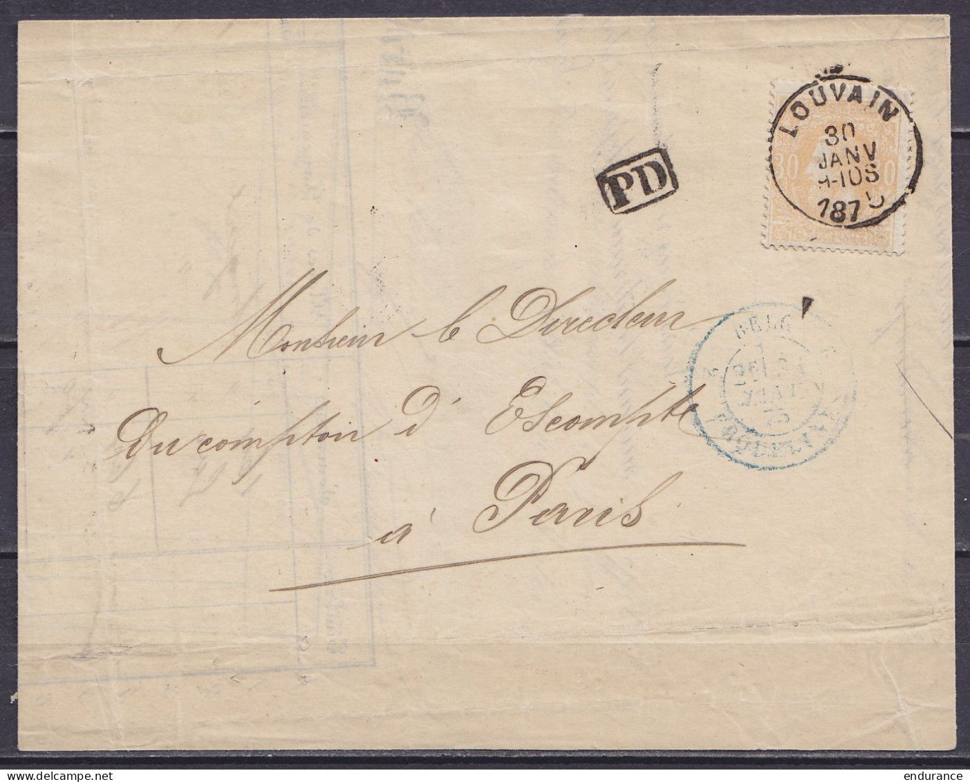 L. Affr. N°33 Càd LOUVAIN /30 JANV 1875 Pour PARIS - [PD] - Càd "BELG.3 ERQUELINNES"  - 1869-1883 Léopold II