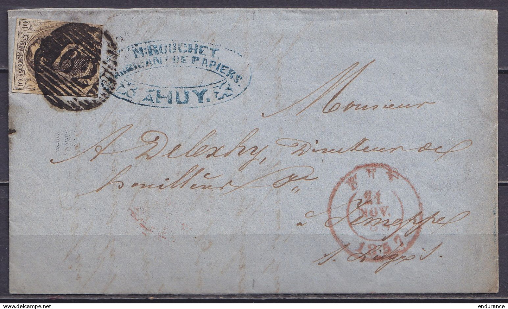 L. Affr. N°6 P62 Càd HUY /21 NOV 1857 Pour JEMEPPE (au Dos: Càd Arrivée JEMEPPE) - 1851-1857 Medallones (6/8)