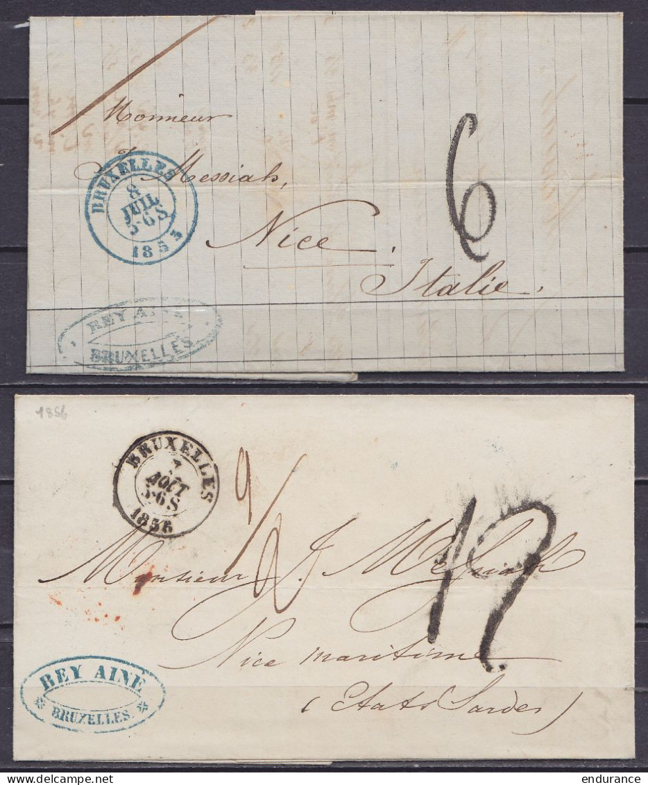 Lot De 2 Lettres De BRUXELLES 1853 & 1855 Pour NICE (Italie / Etats Sardes) - Ports "6" & "12" Au Tampon - 1851-1857 Medallones (6/8)