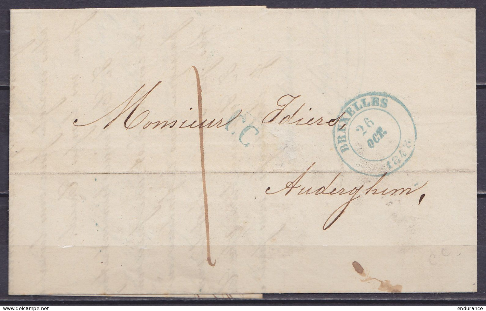 L. Càd BRUXELLES /26 OCT 1848 Pour AUDERGHEM - Griffe "C.C." (correspondance Cantonale) - Port "I" - 1830-1849 (Belgica Independiente)