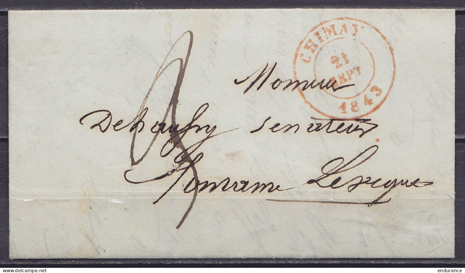 L. Cad CHIMAY /21 SEPT 1843 Pour FONTAINE L'EVEQUE - Port "3" (au Dos: Càd Arrivée T18 FONTAINE-L'EVEQUE /22/IX) - 1830-1849 (Belgica Independiente)