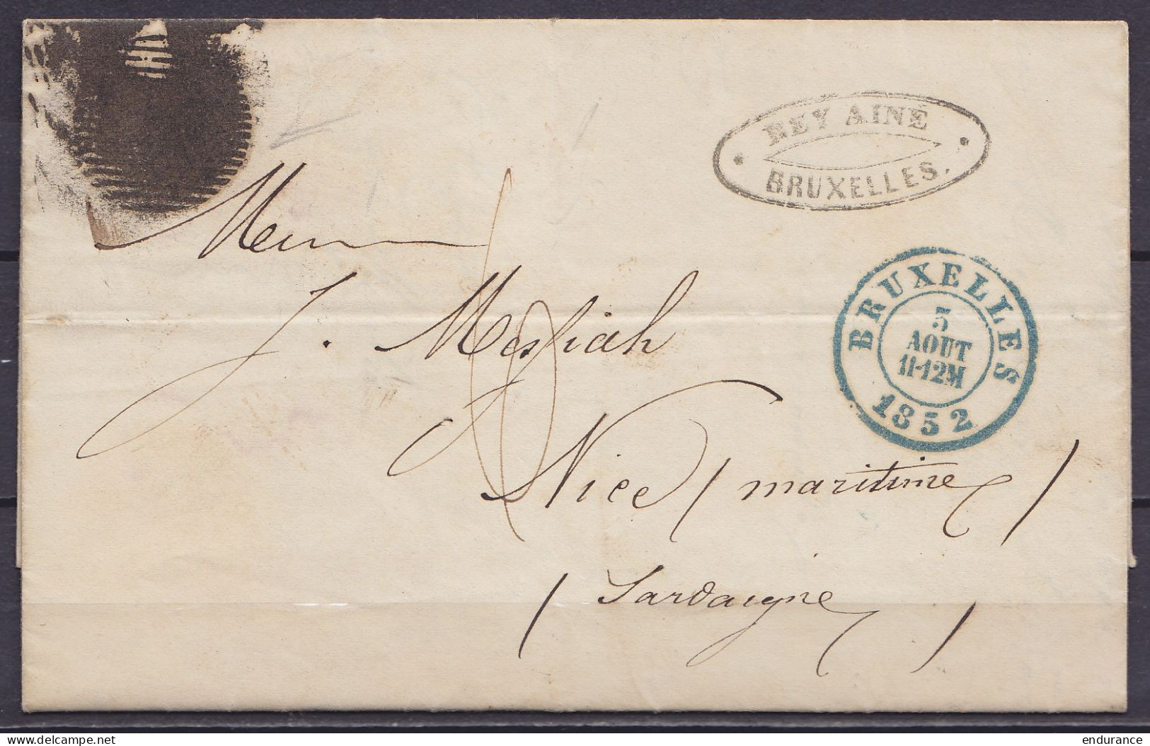 L. Datée 2 Août 1852 De BRUXELLES Càd BRUXELLES /5 AOUT 1852 Pour NICE (Sardaigne) - Cachet à Barres D24 ? - 1851-1857 Médaillons (6/8)