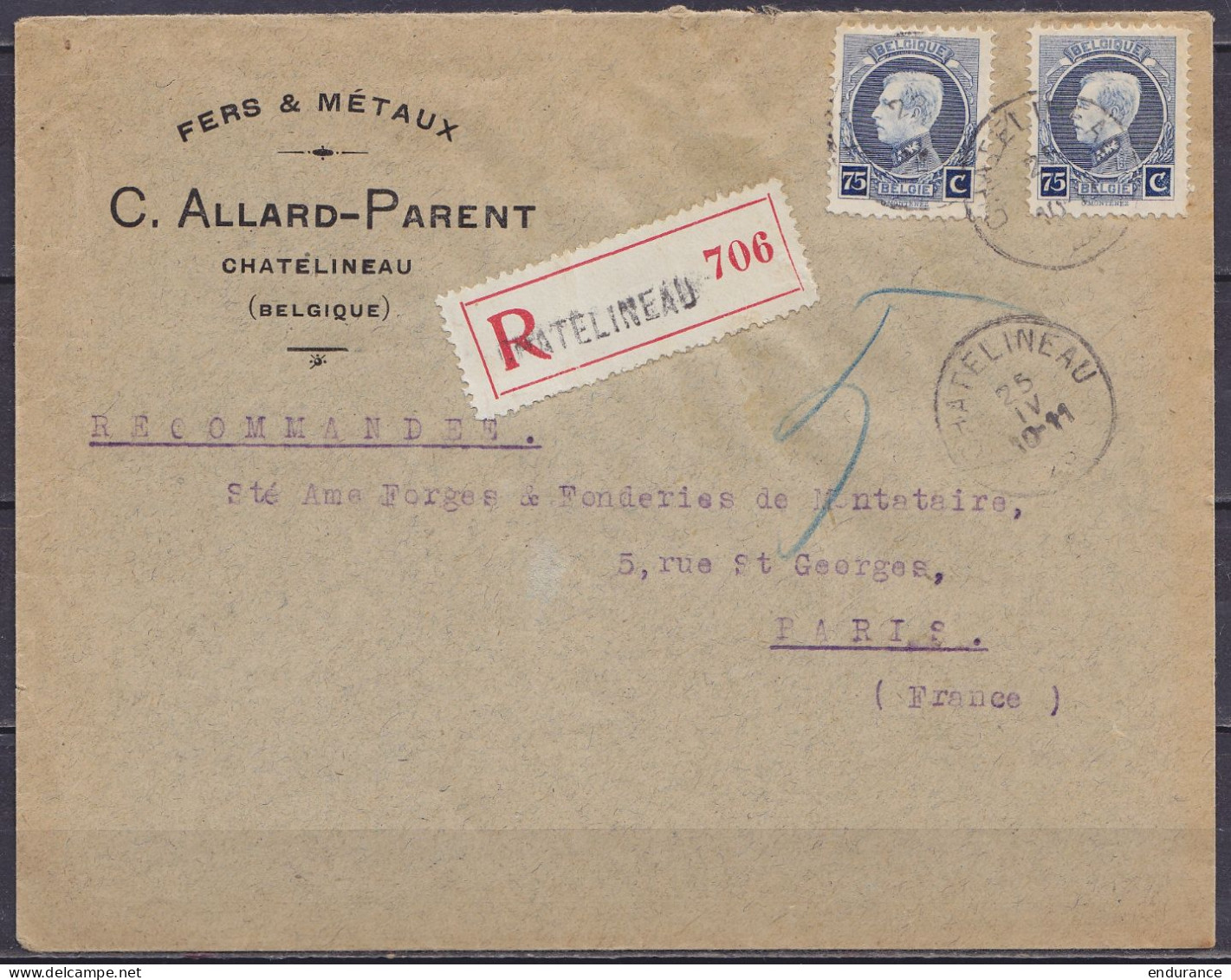 L. "Fers & Métaux Allard-Parent" Recommandée Affr. 2x N°213 Càd CHATELINEAU /25 IV 1928 Pour PARIS - 1921-1925 Small Montenez
