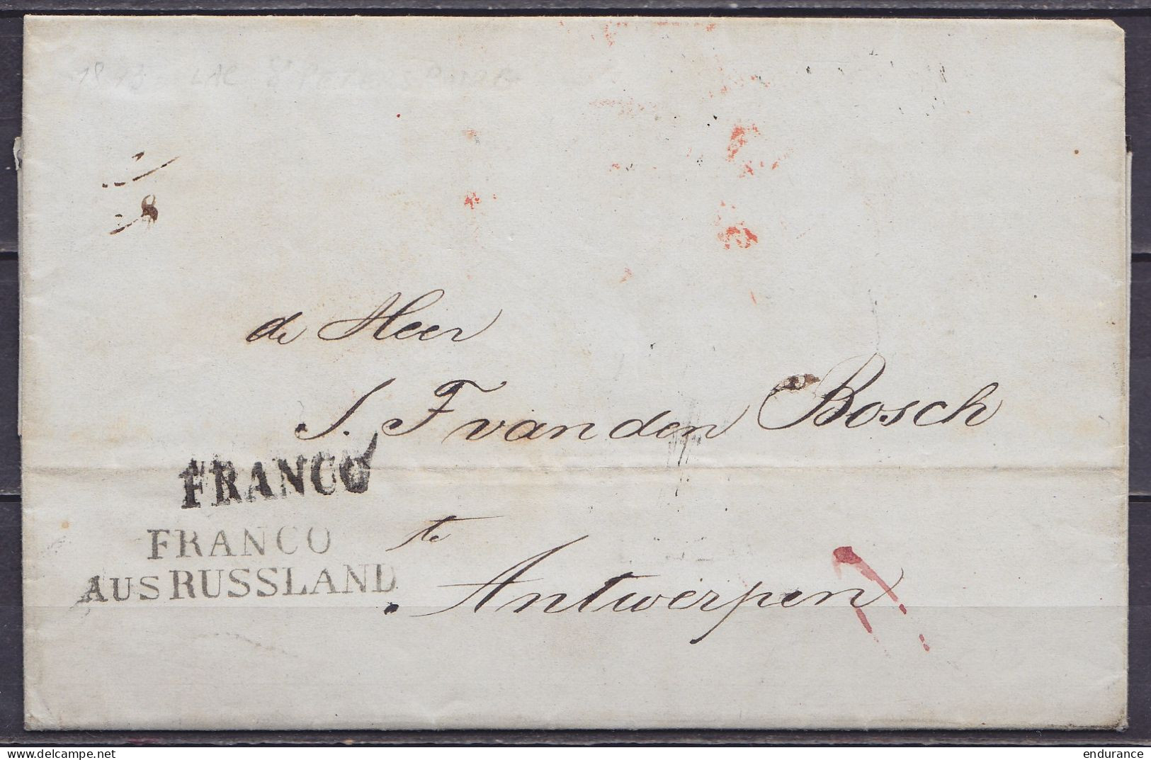 L. Datée 22 Juillet 1843 De SAINT-PETERSBOURG Pour ANTWERPEN - Griffes "FRANCO" & "FRANCO AUS RUSSLAND" (au Dos: Port "2 - 1830-1849 (Belgique Indépendante)