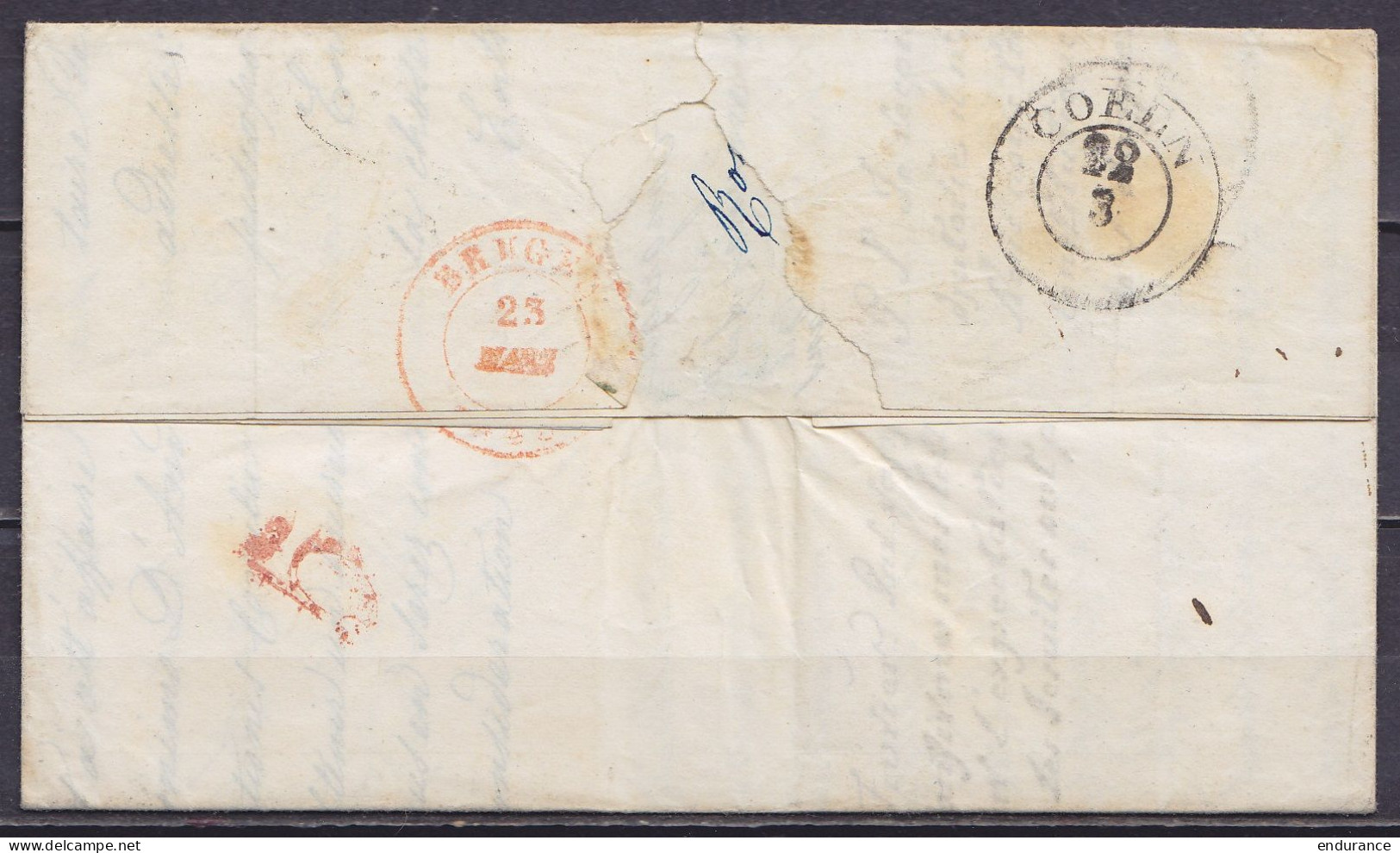 L. Datée 11 Mars 1848 De ROME Càd ROMA /11 MAR. 1848 Pour BRUGES - Marque Ovale "ITALIEN" - Ports "19" & "12" (au Dos: C - 1830-1849 (Belgica Independiente)