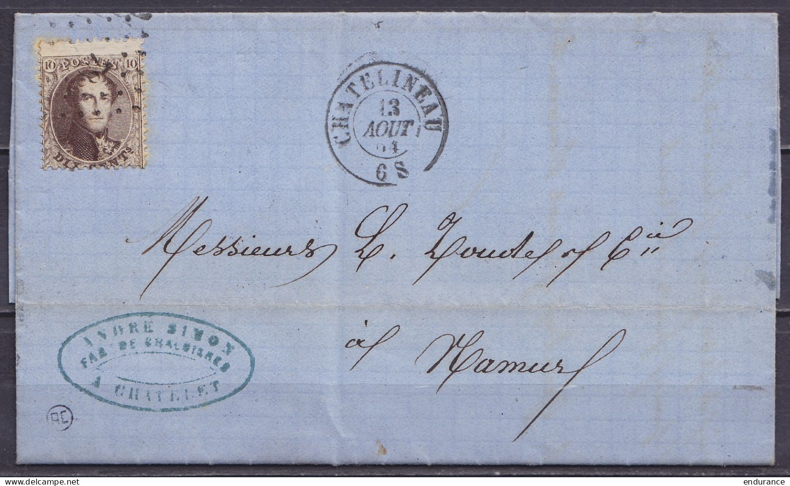 L. Affr. N°14A Lpts "78" Càd CHATELINEAU /13 AOUT 1864 Pour NAMUR (au Dos: Càd Arrivée NAMUR) - 1863-1864 Medallions (13/16)