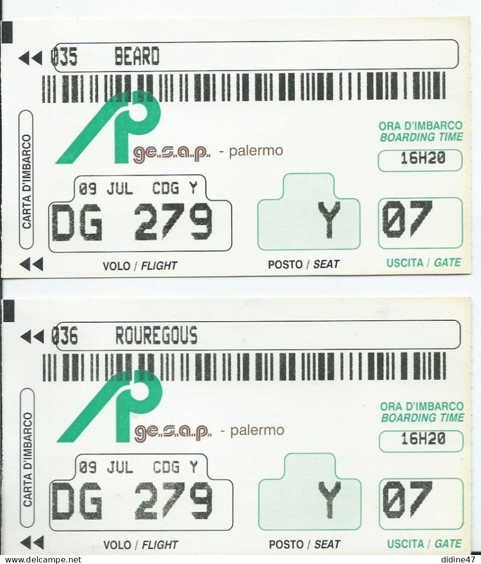FRANCE - AVIATION - CARTE D'EMBARQUEMENT - PALERMO - Lot De 2 - Boarding Passes