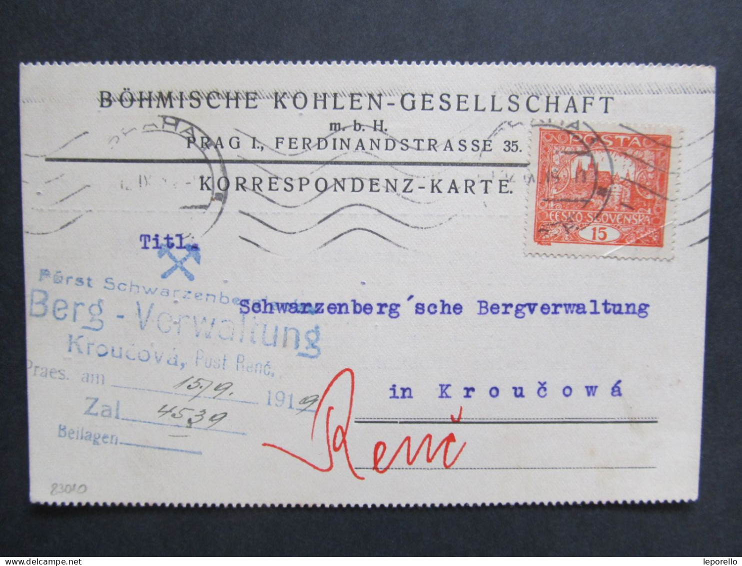 KARTE Praha - Kroučová Rakovník 1919 Hradčany Uhlí //// R8306 - Lettres & Documents