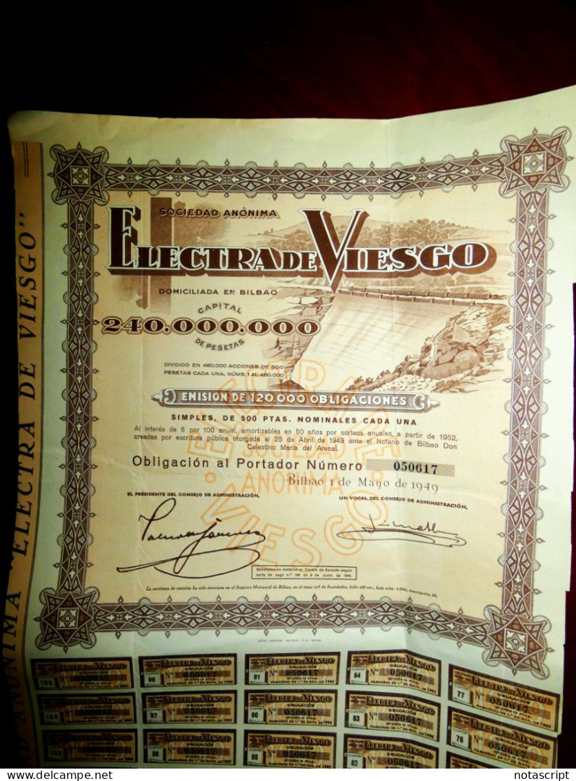 Electra Del Viesgo , Bond Certificate  Bilbao,Spain  1949 - Elettricità & Gas