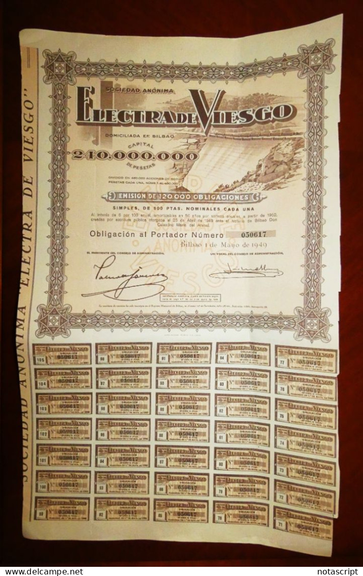 Electra Del Viesgo , Bond Certificate  Bilbao,Spain  1949 - Elektrizität & Gas