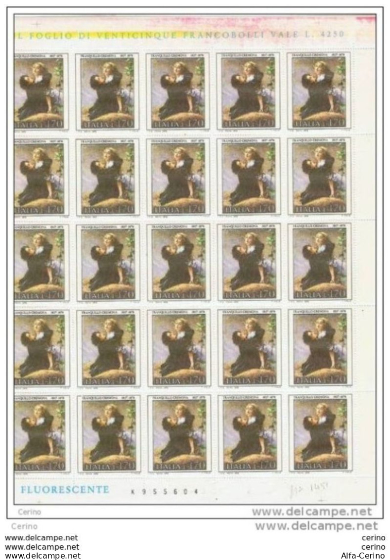 REPUBBL.: 1978  ARTE  ITALIANA  -  £. 170  CREMONA  FGL. 25  N. -  VARIETA'  SBAVATURA  ROSSO  IN  ALTO  -  SASS. 1424 - Full Sheets