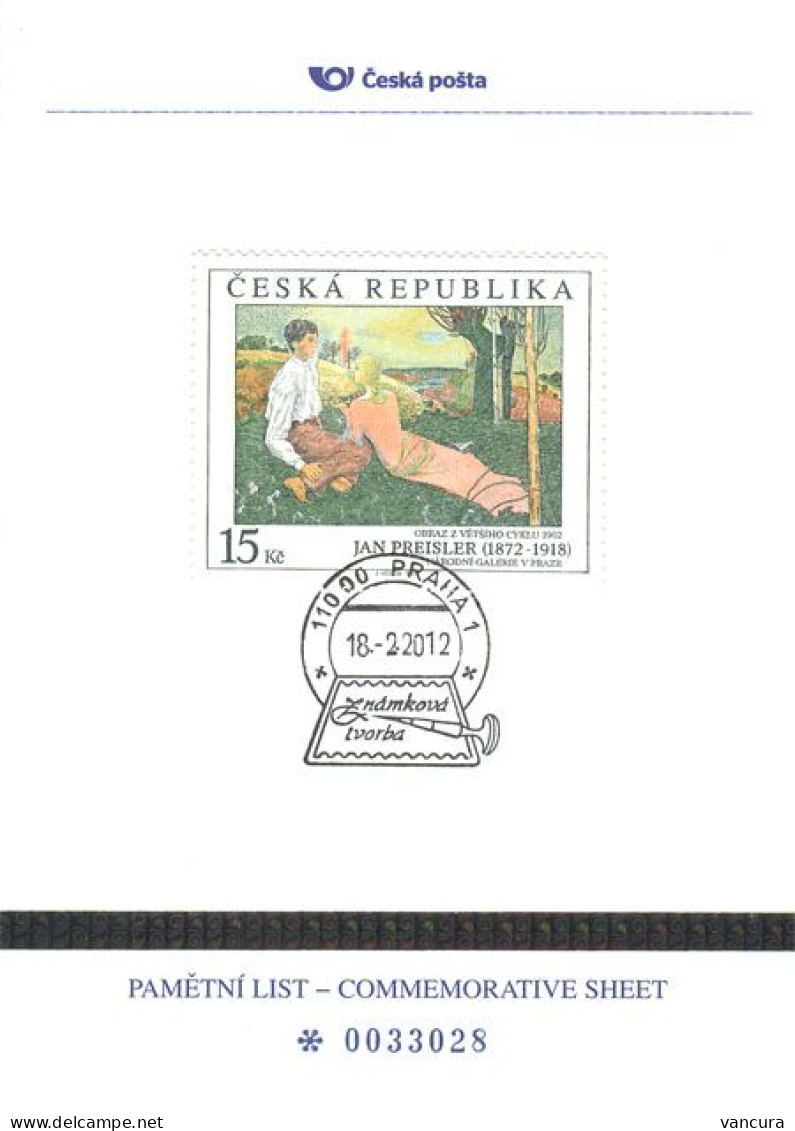 Commemorative Sheet Czech Republic PLZ 15 Jan Preisler Anniversary 2012 - Modernos