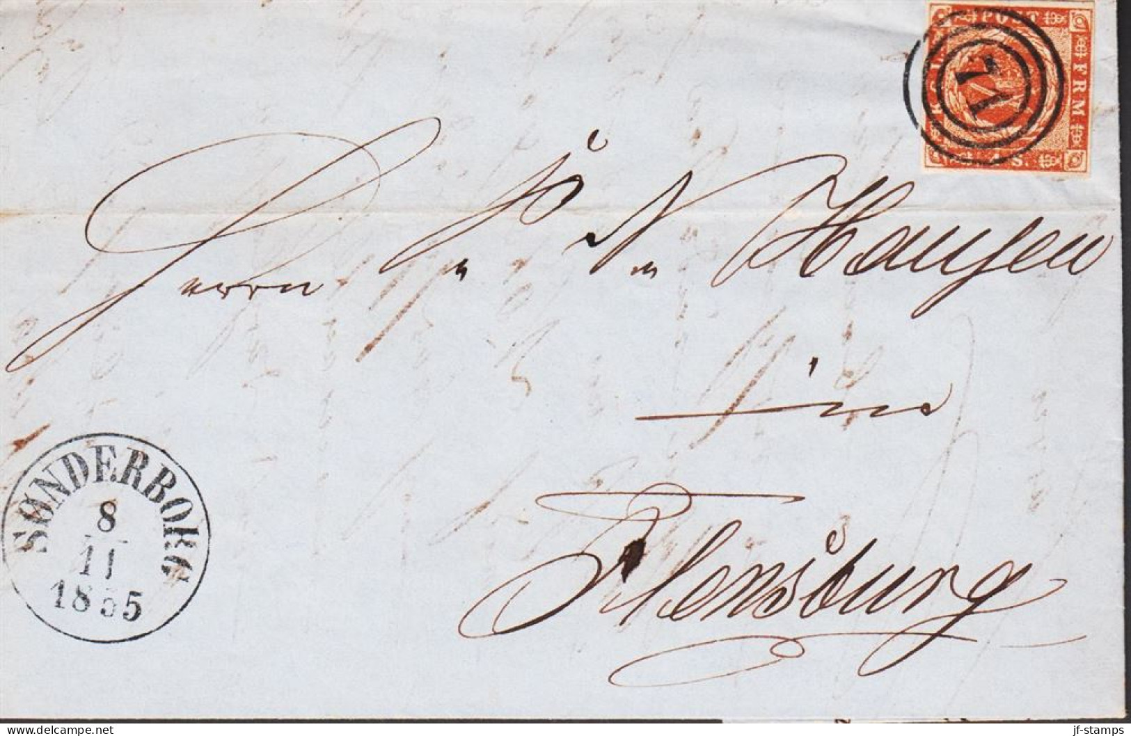 1854. DANMARK 4 Skilling On Fine Small Envelope To Flensburg Cancelled With Nummeral Cancel 71 And SØNDERB... - JF543823 - Schleswig-Holstein