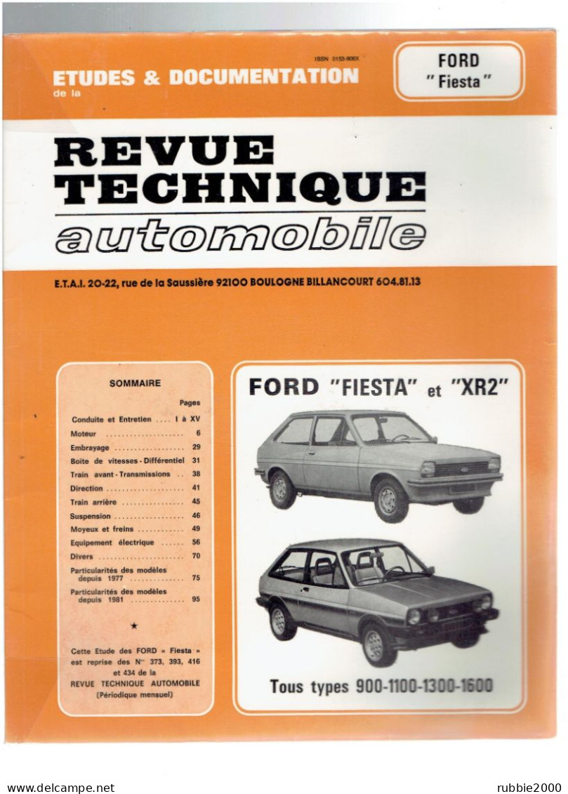 FORD "FIESTA" ET "XR2" TOUS TYPES 900-1100-1300-1600 RTA REVUE TECHNIQUE AUTOMOBILE ENTRETIEN REPARATION - Auto