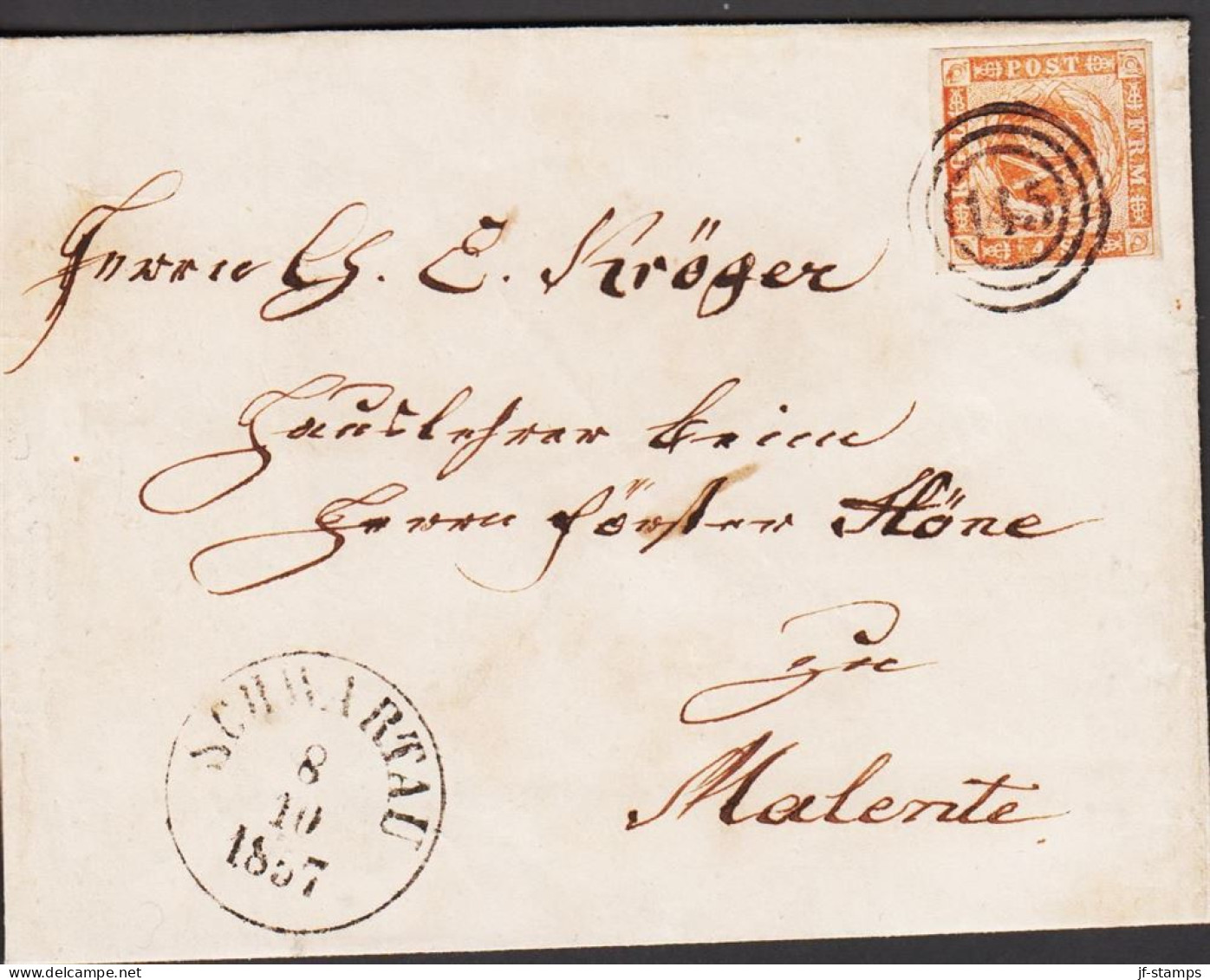 1857. DANMARK 4 Skilling (4th Print) With Very Wide Margins On Wonderful Small Size Envelope To Malente Wi... - JF543825 - Schleswig-Holstein