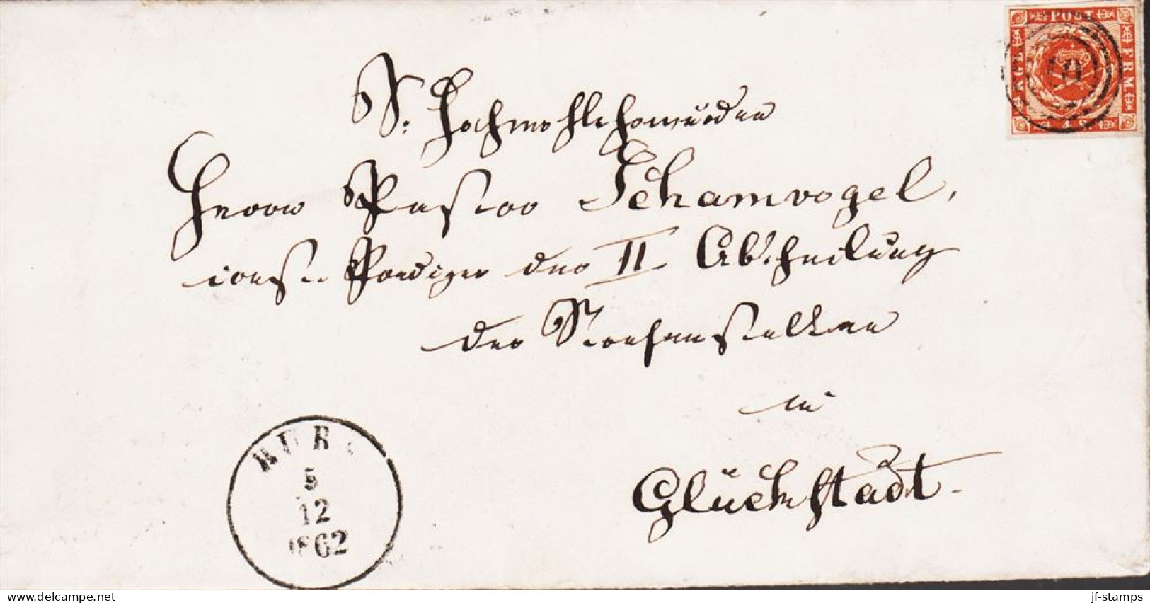 1862. DANMARK Beautiful 4 Skilling On Envelope To Glückstadt Cancelled With Nummeral Cancel 10 + BURG 5 12... - JF543826 - Schleswig-Holstein