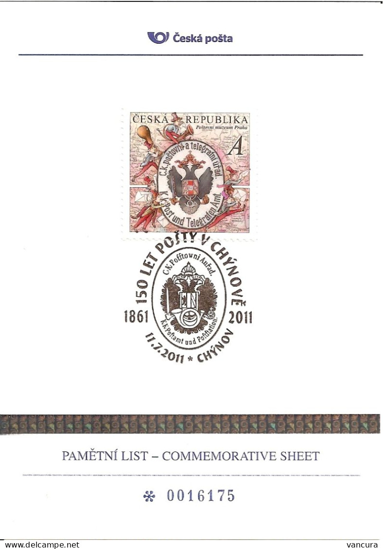 PLZ 7 Commemorative Sheet Czech Republic 150th Anniversary Of The Chynov Postoffice 2011 - Poste