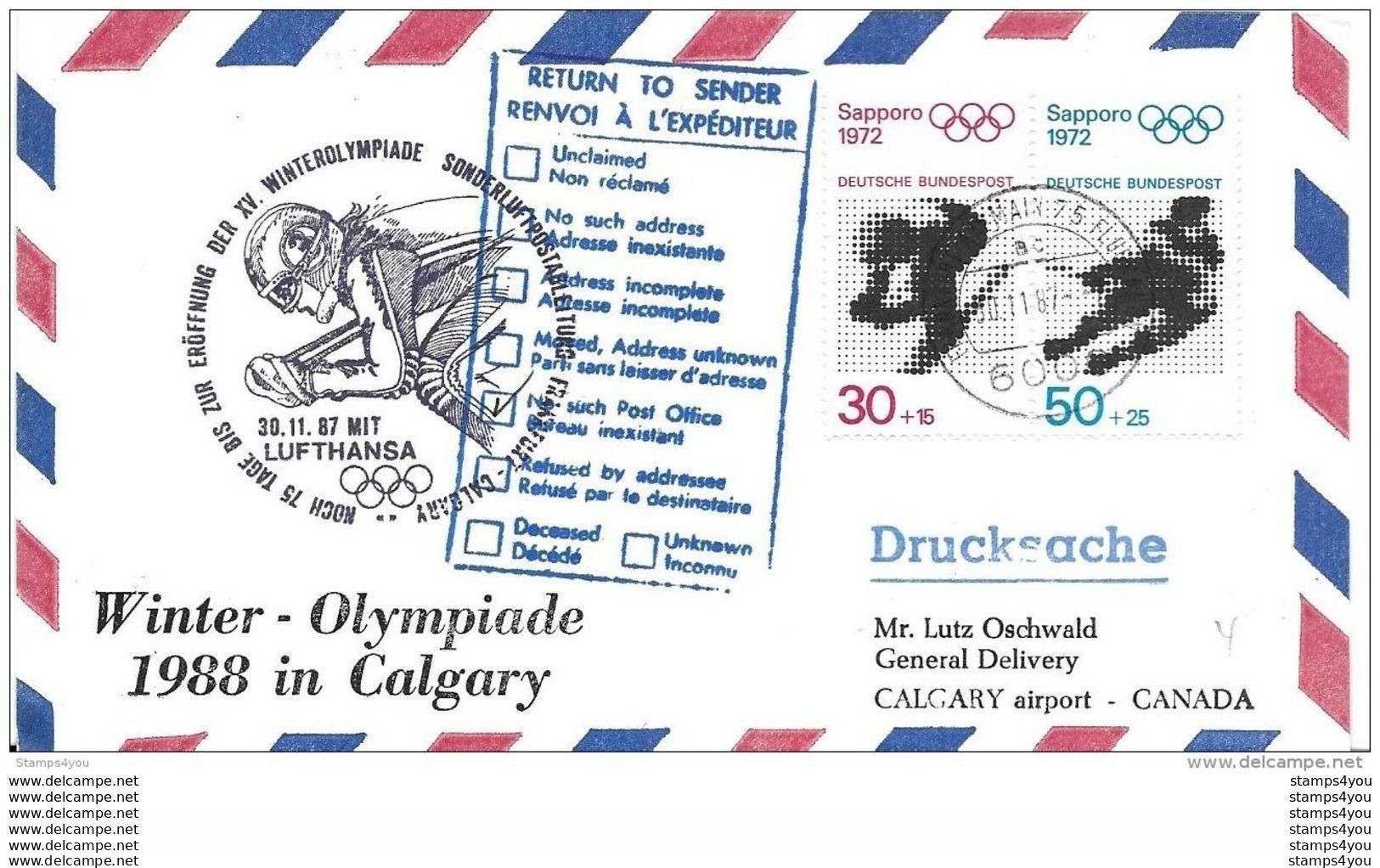 118 - 78 - Enveloppe Allemande Vol Spécial Pour Jeux Olympiques - Frankfurt-Calgary - Inverno1988: Calgary