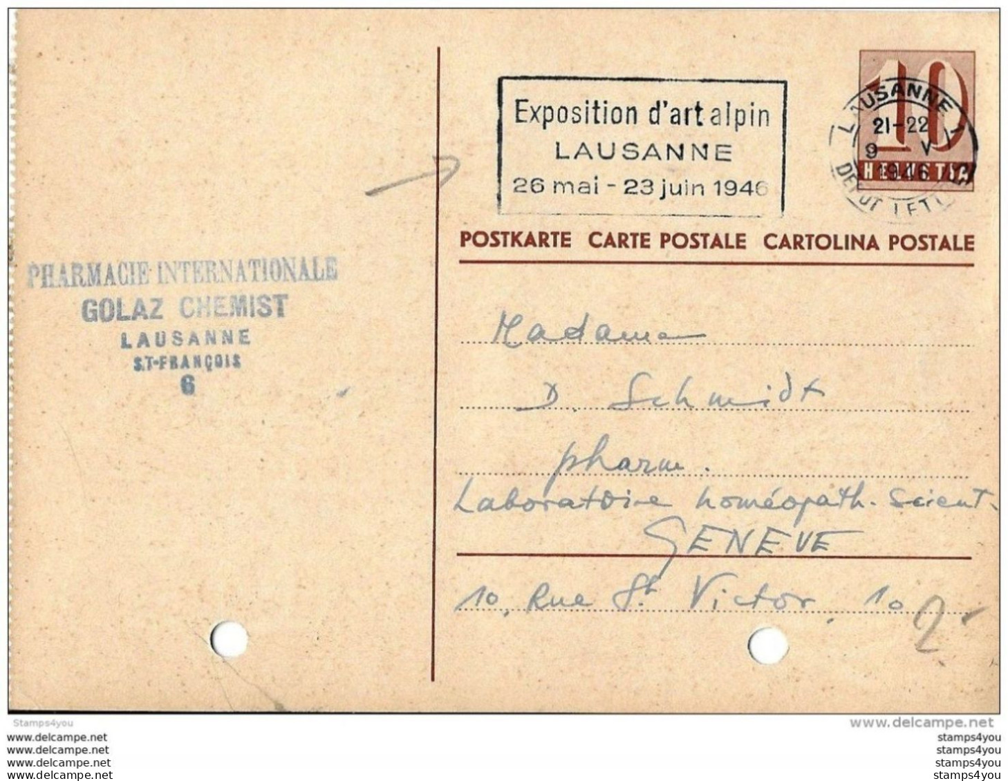 10 -  78 - Entier Postal  Avec Superbe Oblit Mécanique "Expo D'art Alpin Lausanne 1946" - Marcophilie