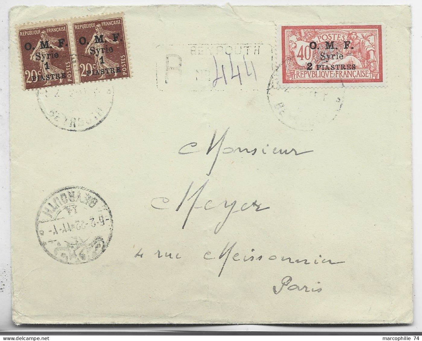 SYRIE OMF MERSON SEMEUSE LETTRE COVER BEYROUTH 5.2.1922 LEBANON + SP 615 REG MALGACHE TO FRANCE - Lettres & Documents