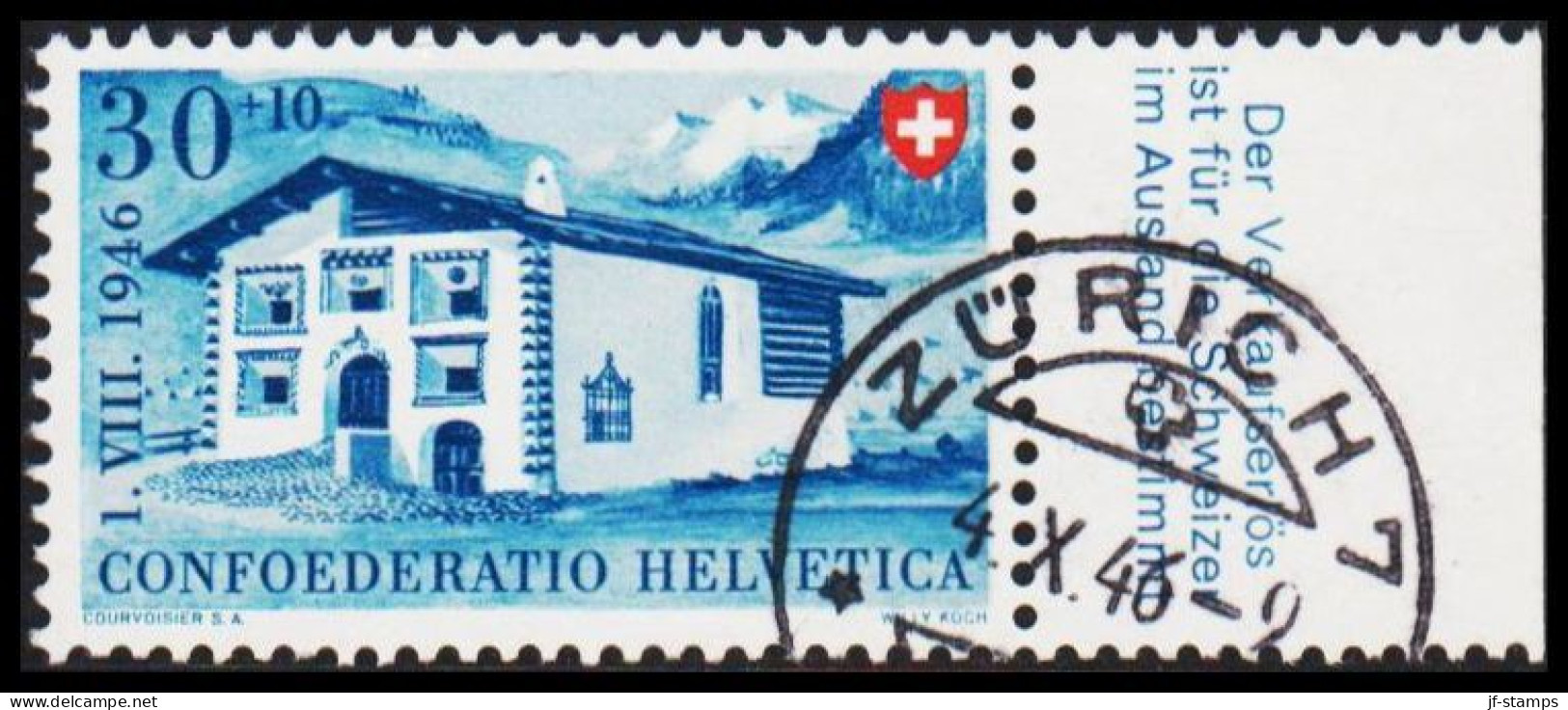 1946. HELVETIA - SCHWEIZ. PRO PATRIA 30+10 C With Part Of Right Margin. Beautifully Cancelled ZÜRICH 4. X.... - JF543975 - Used Stamps