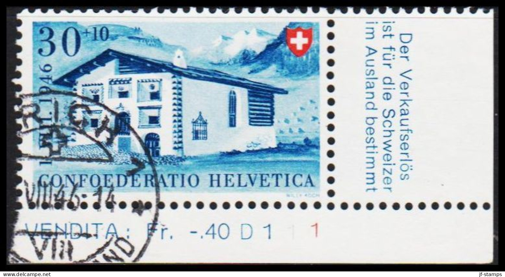 1946. HELVETIA - SCHWEIZ. PRO PATRIA 30+10 C With LOWER RIGHT CORNER Margin. Fine Cancelled ZÜRICH ?. VII.... - JF543977 - Oblitérés