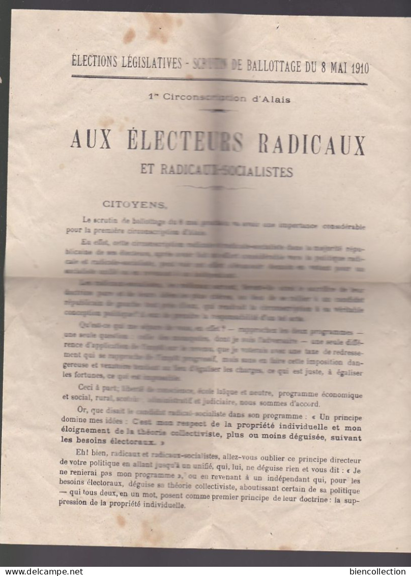 1 Ct Type Blanc Tarif Imprimé électoral Alais (Gard) Pour Tornac ,avec Document électoral Et Bulletin De Vote ; - 1900-29 Blanc