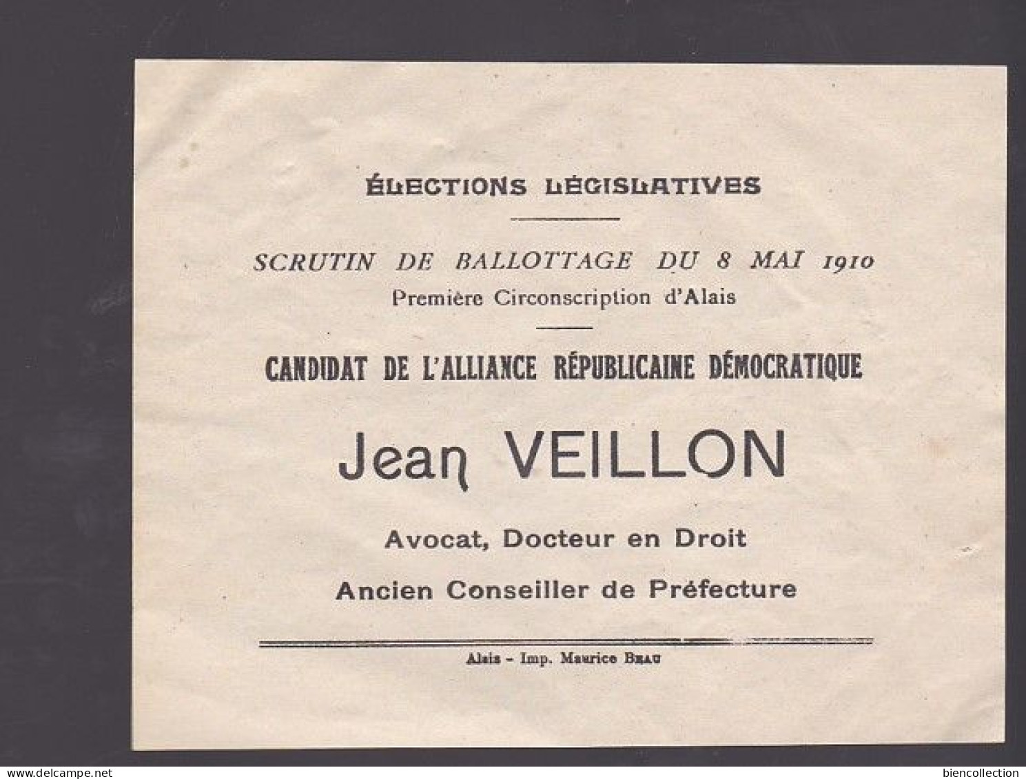 1 Ct Type Blanc Tarif Imprimé électoral Alais (Gard) Pour Tornac ,avec Document électoral Et Bulletin De Vote ; - 1900-29 Blanc