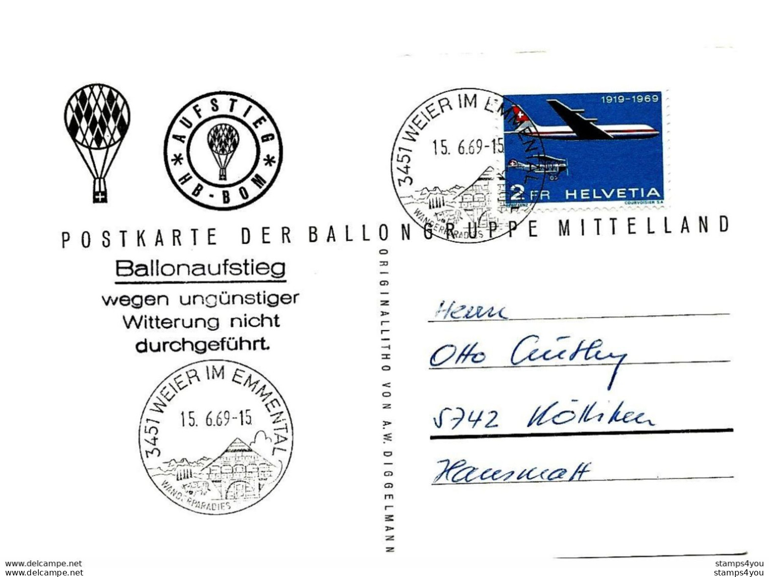 105 - 78 -carte Suisse Vol Ballon "Weier Im Emmental 1969" - Montgolfières