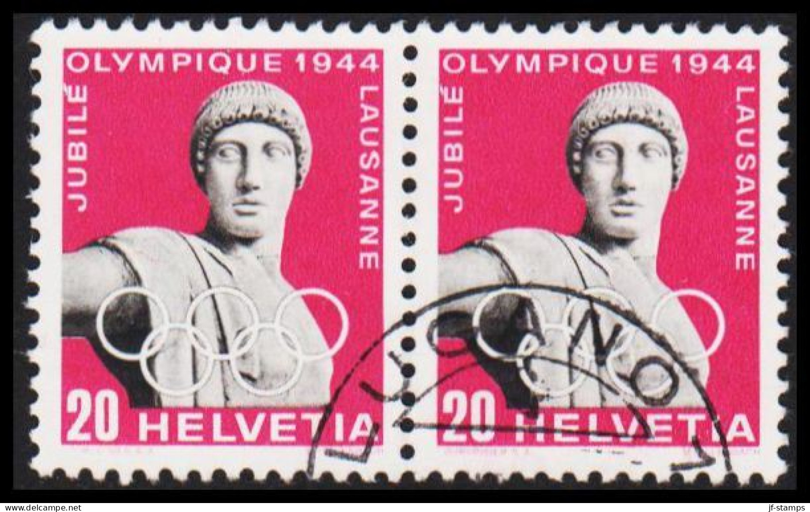 1944. HELVETIA - SCHWEIZ. 50 Years Olympic Comitee 20 C. Pair.  - JF543988 - Used Stamps