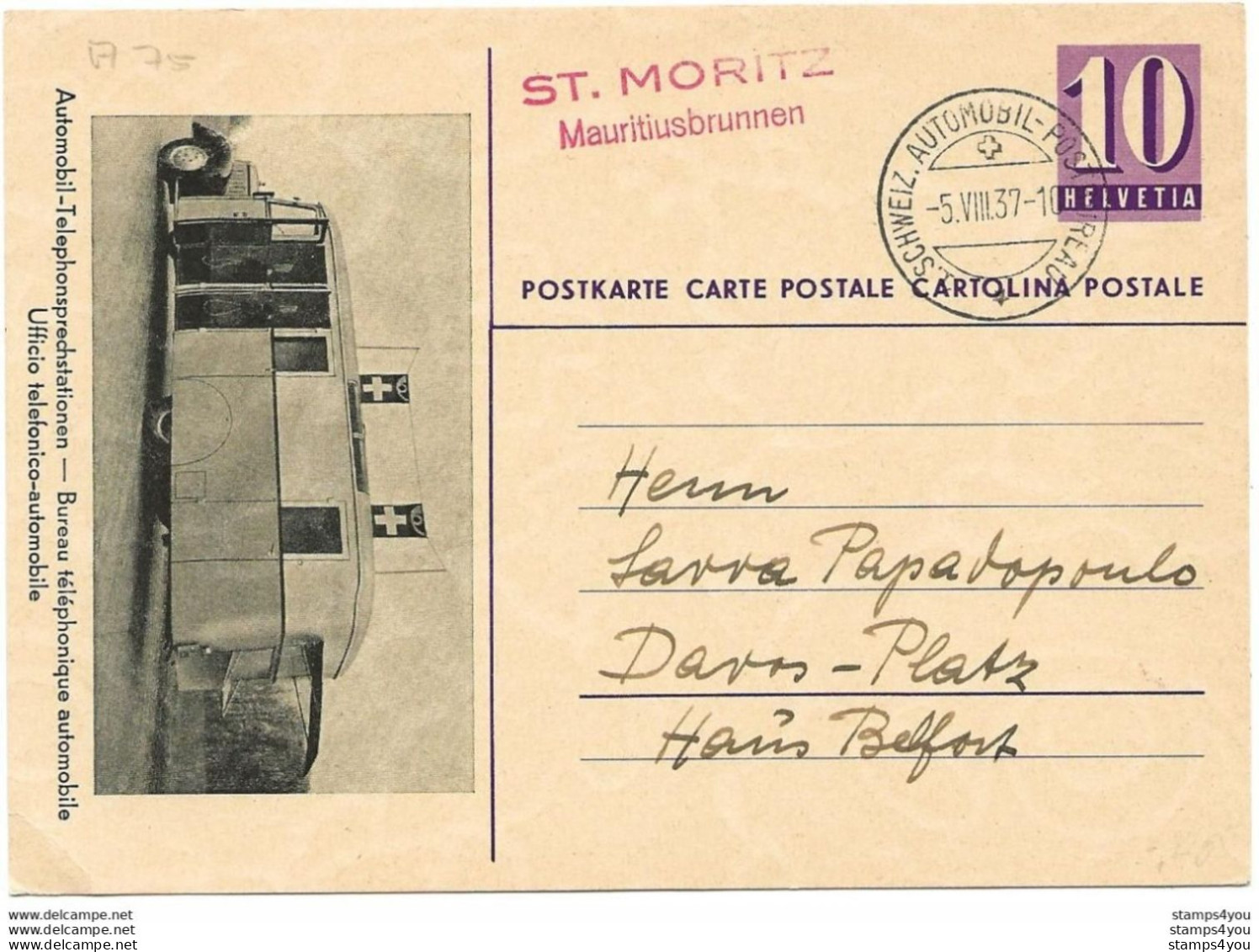 123 - 78 - Entier Postal "bureau Téléphonique Automobile" Oblti Spéciale St Moritz Mauritiusbrunnen 1937 - Marcophilie