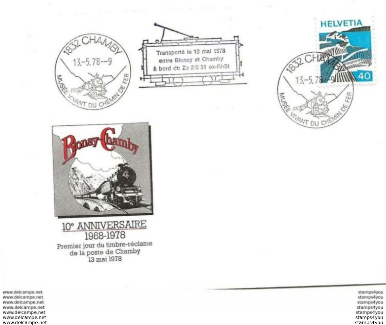 VD - 68 - Enveloppe Avec "10e Anniv Blonay-Chamby" 1er Jour Du Cachet Illustré Chamby 1978 - Transporté Le 13 Mai 78 - Marcophilie