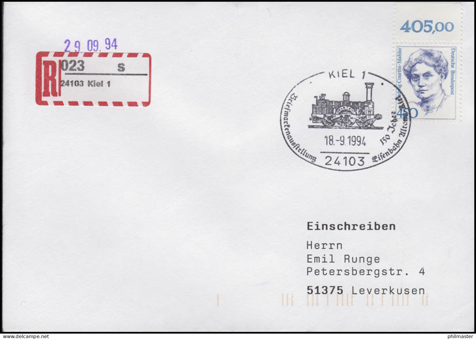 150 Jahre Eisenbahn Altona-Kiel & Dampflok, R-Brief SSt Kiel 18.9.1994 - Trains