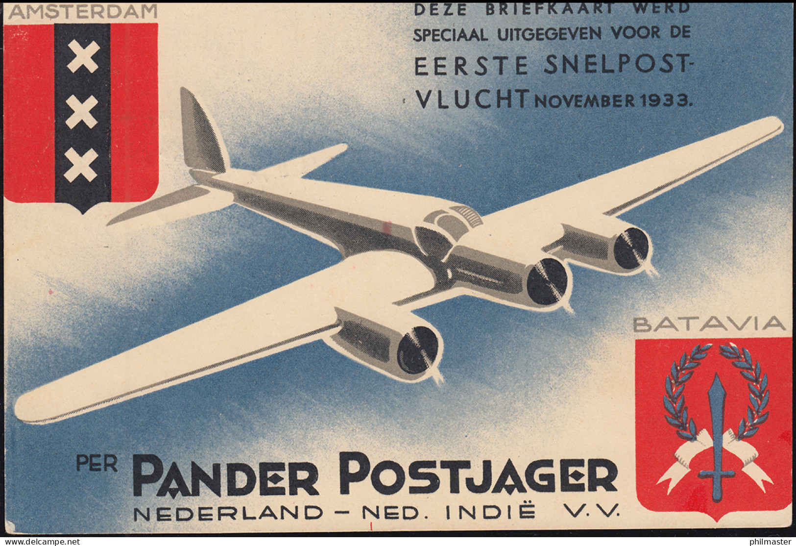 KLM-Flugpost Postjager/Pelikaan Amsterdam-Bandoeng 9.12.1933 Ab UTRECHT 8.12.33 - Posta Aerea