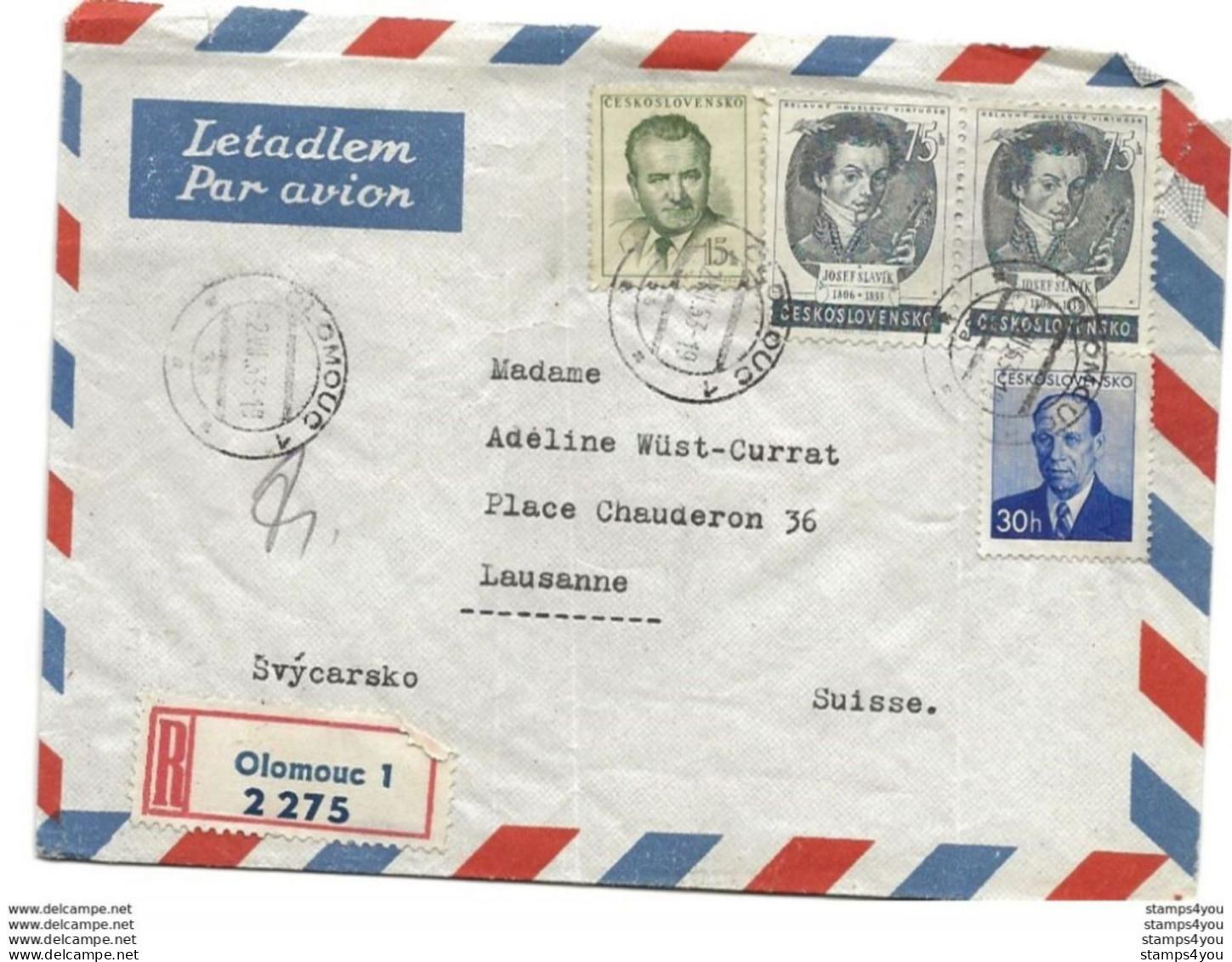 226 - 78 - Enveloppe Recommandée Envoyée De Olomouc En Suisse 1953 - Lettres & Documents