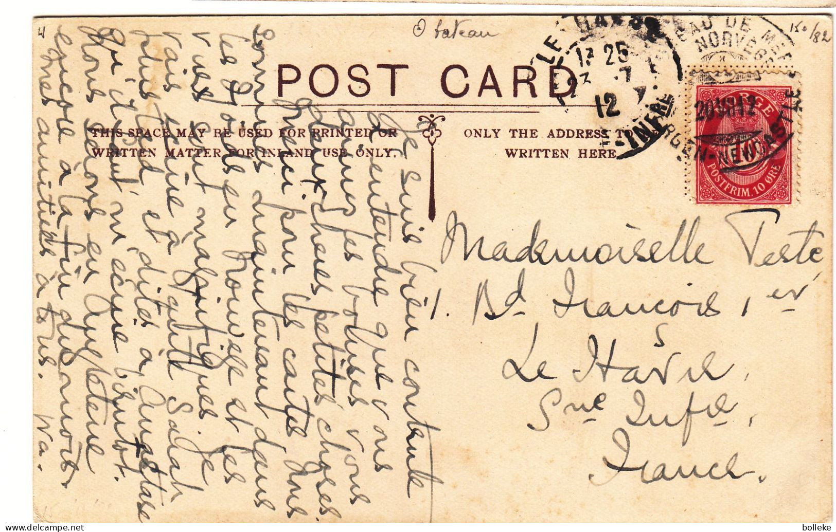 Norvège - Carte Postale De 1912 - Oblit Bateau De Mer - Bergen Newcastle - Exp Vers Le Havre - Bateau S.S.Mantua - - Lettres & Documents