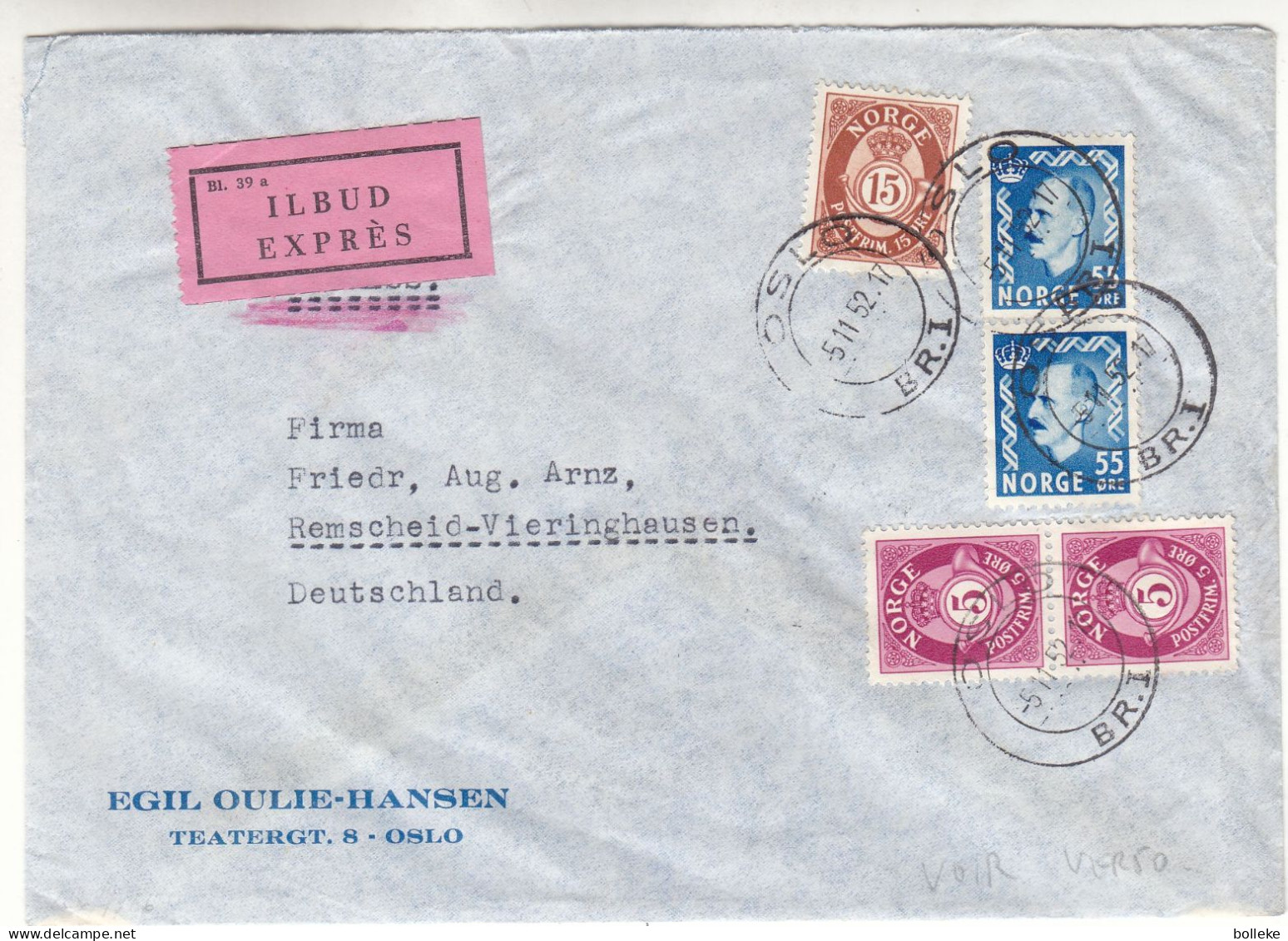 Norvège - Lettre Exprès De 1952 - Oblit Oslo - Exp Vers Remscheid - Cachet Train Düsseldorf Remscheid Wuppertal - - Briefe U. Dokumente