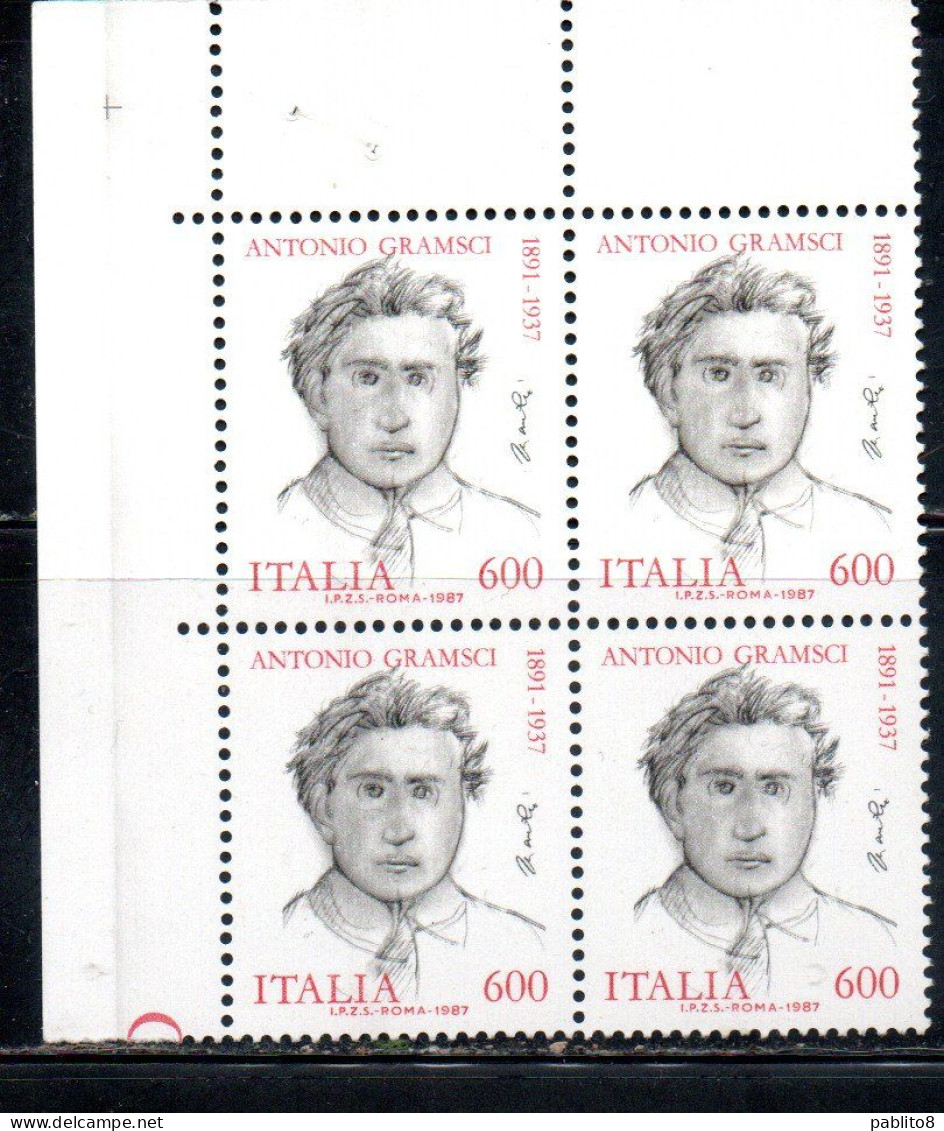 ITALIA REPUBBLICA ITALY REPUBLIC 1987 ANTONIO GRAMSCI DISEGNATO DA GIACOMO MANZU' QUARTINA ANGOLO DI FOGLIO BLOCK MNH - 1981-90: Neufs