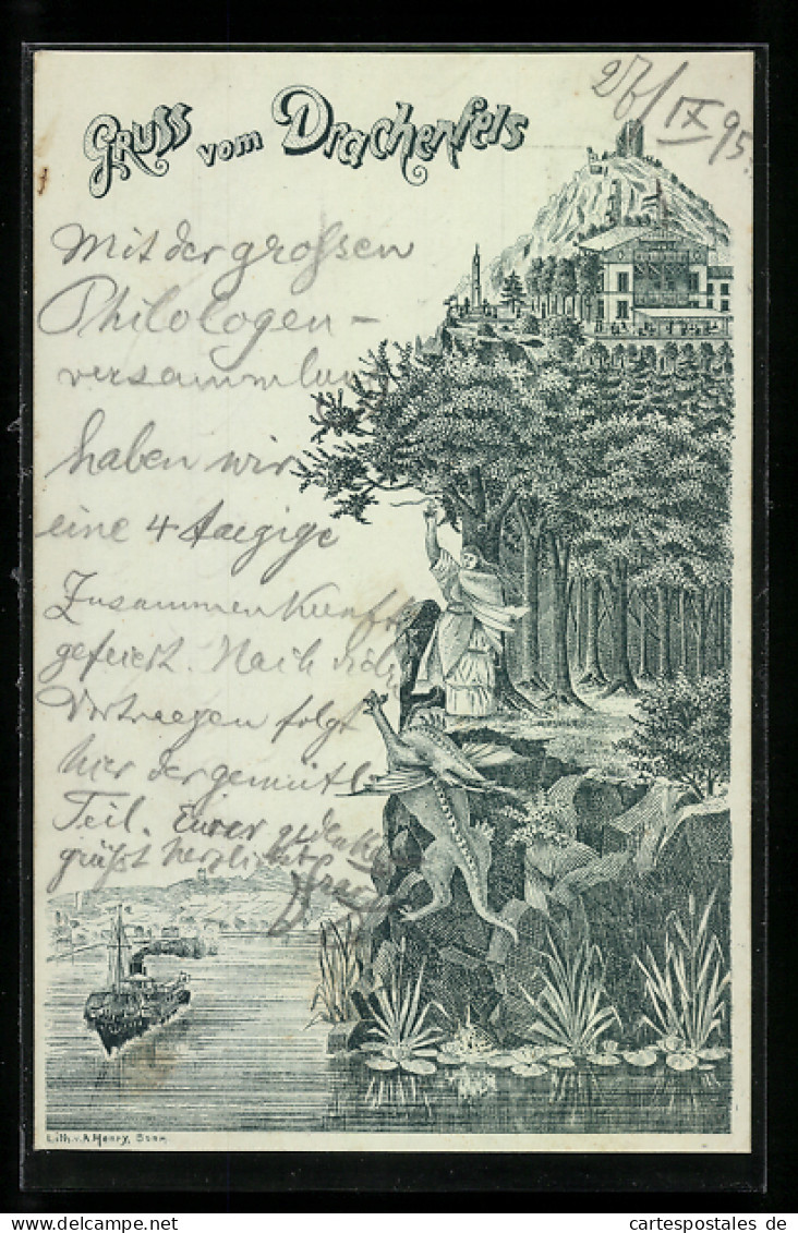Vorläufer-Lithographie Drachenfels, 1895, Hotel Auf Dem Drachenfels, Inh.: Carl Harmening Ww., Dampfer  - Drachenfels