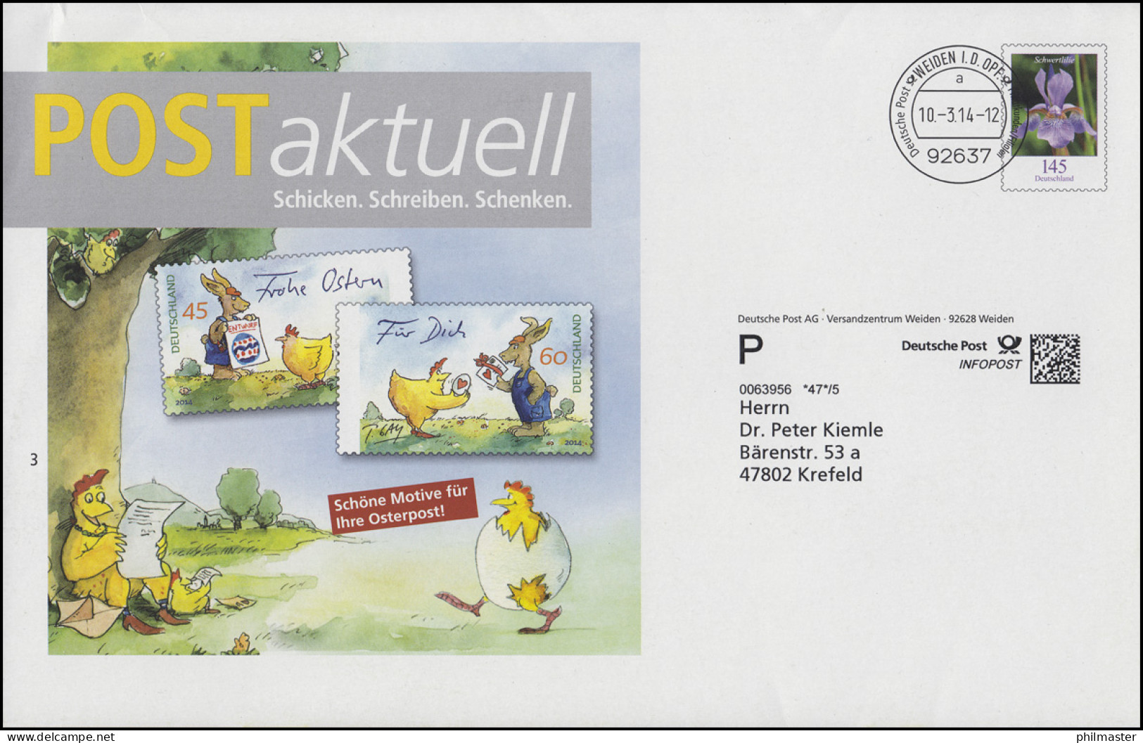 Plusbrief Blume Schwertlilie POSTaktuell Cartoon Ihre Osterpost WEIDEN 10.3.2014 - Enveloppes - Neuves