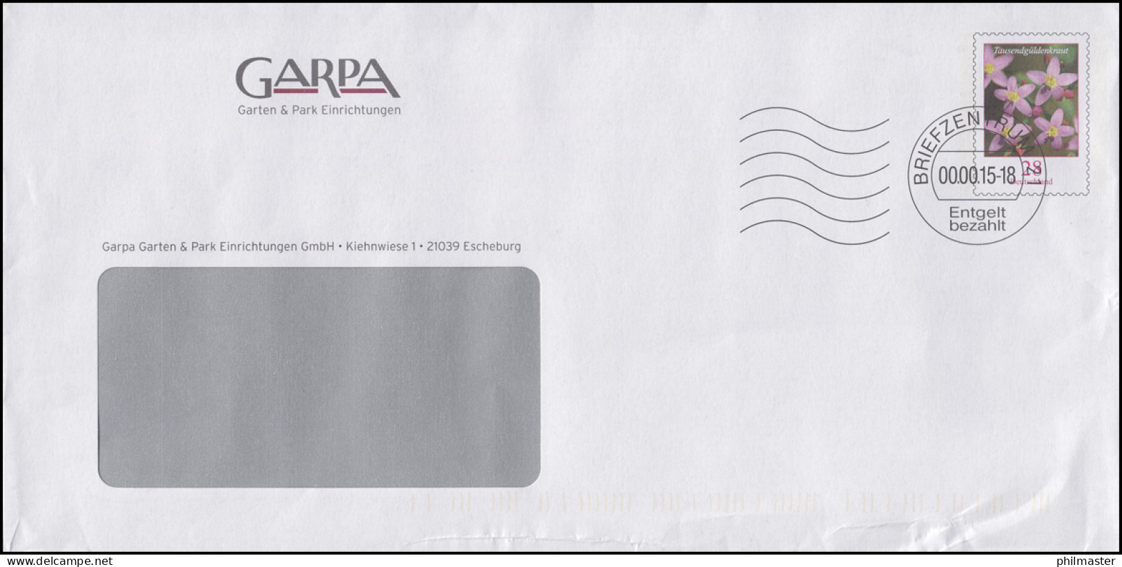 Plusbrief Blume Tausendgüldenkraut 28 Cent GARPA BZ 21 - 2015, OS In Aussparung - Briefomslagen - Ongebruikt
