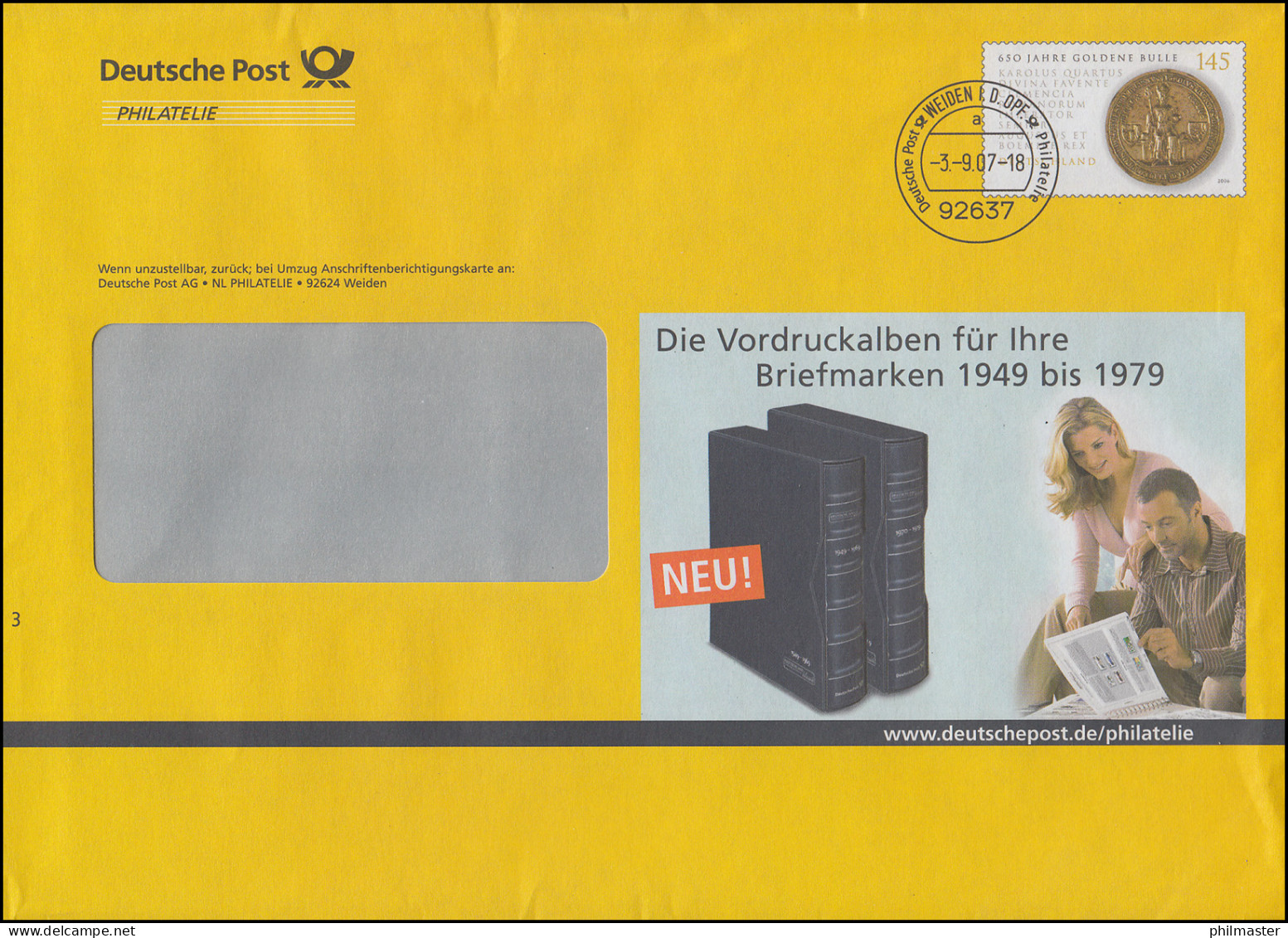 Plusbrief F241 Goldene Bulle Werbung Für Vordruckalben, WEIDEN 3.9.07 - Briefomslagen - Ongebruikt