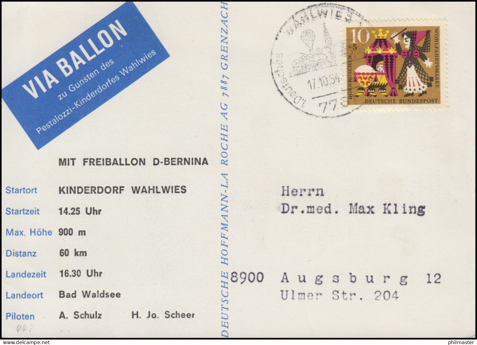 31. BP Pestalozzi-Kinderdorf Ballonflug D-BERNINA Wahlwies-Bad Waldsee 17.10.64 - Montgolfières