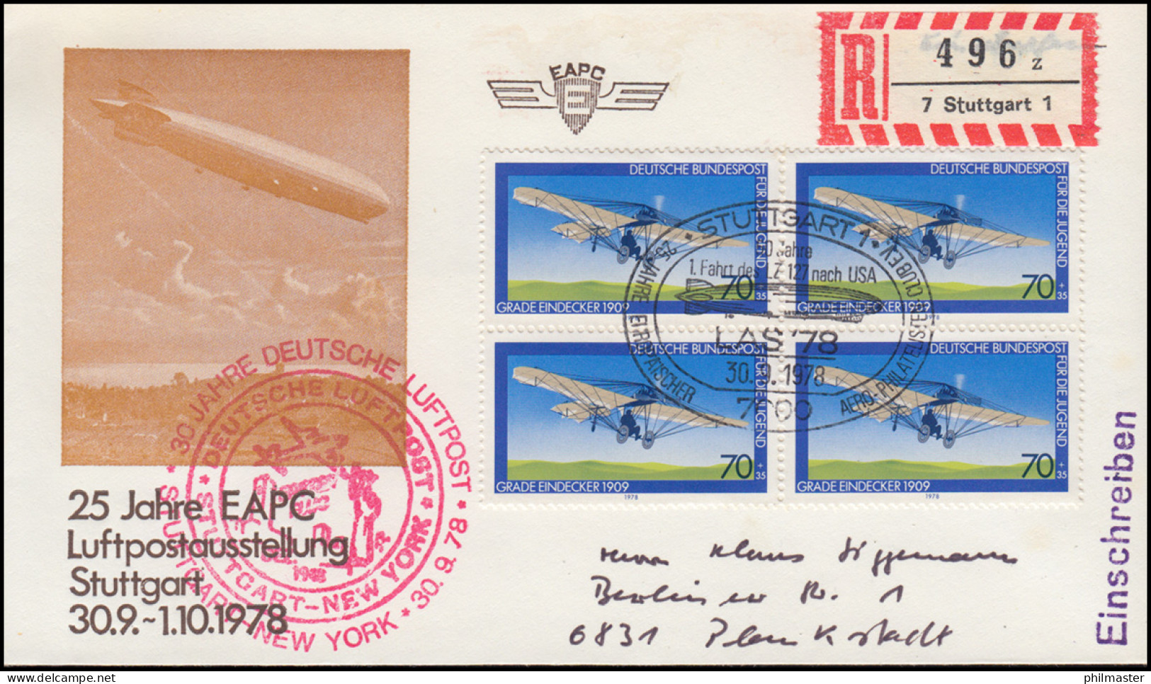 25 Jahre EAPC Luftpostausstellung Stuttgart Schmuck-R-Brief Zeppelin SSt 30.9.78 - Autres (Air)