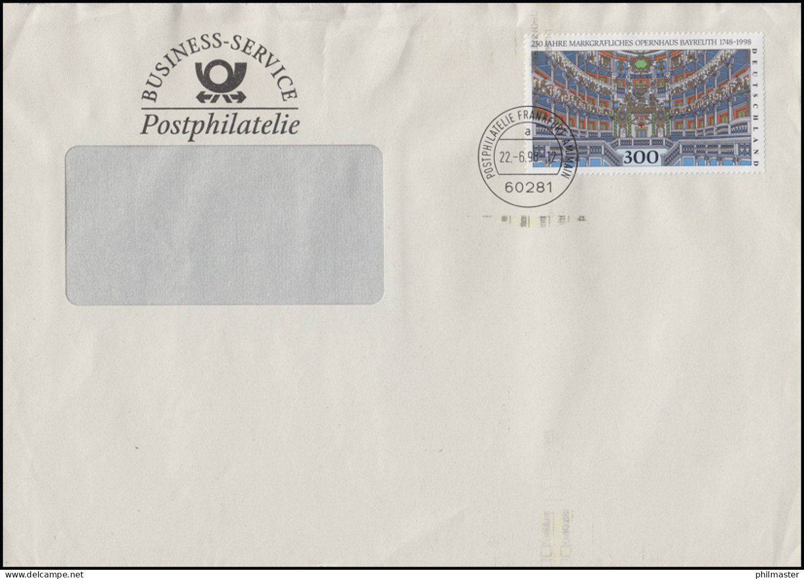 1983 Bayreuth 300 Pf. EF Brief Business-Service Postphilatelie FRANKFURT 22.6.98 - Musique