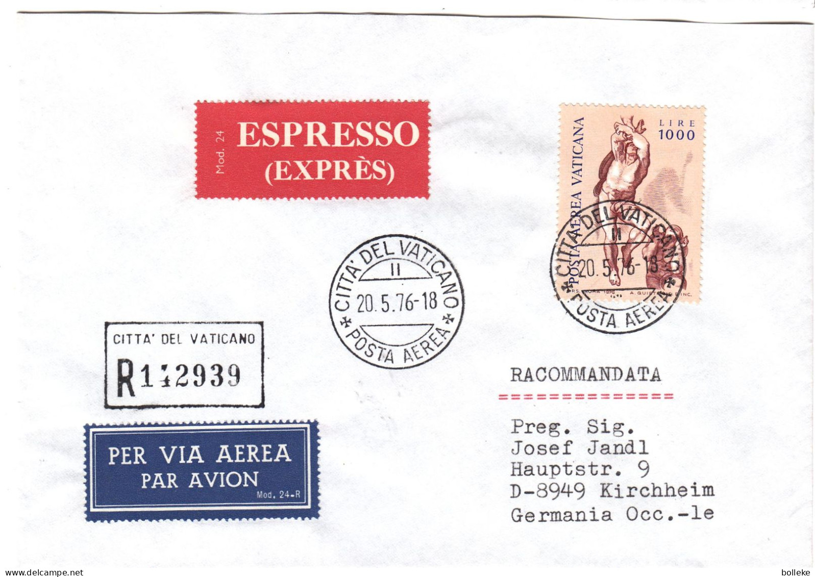 Vatican - Lettre Recom De 1976 - Oblit Citta Del Vaticano - Exp Vers Kirchheim - Cachet Train München Lindau -Mindelheim - Lettres & Documents